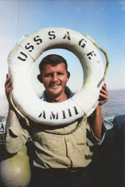 Ed with USS Sage life preserver COLORIZED