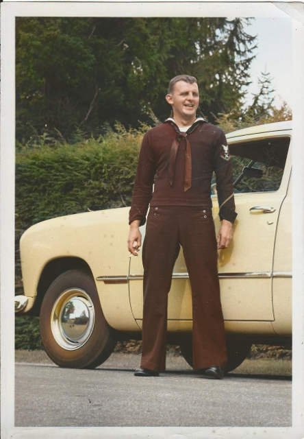 1951 Ed in uniform with 1949 Ford Sedan COLORIZED