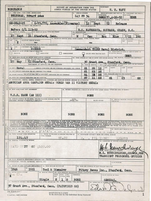 1952-09-12 Edward Delyonas Honorable Discharge from Navy
