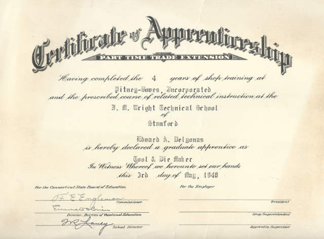 1948-05-03 Ed's Apprenticeship Certificate Tool & Die Maker