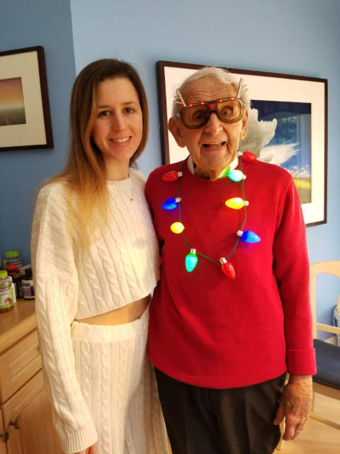 2019-12-25 Bridget, Ed with Christmas Necklace, Little Fox, Norwalk, CT
